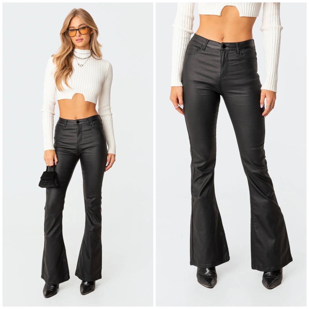 Edikted Luna Faux Leather Flare Jeans in Black